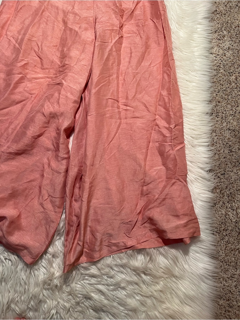 Women's Wide Leg Pants Light Pink Lined Zip Side Linen Feel High Waist Boho - Picture 2 of 8